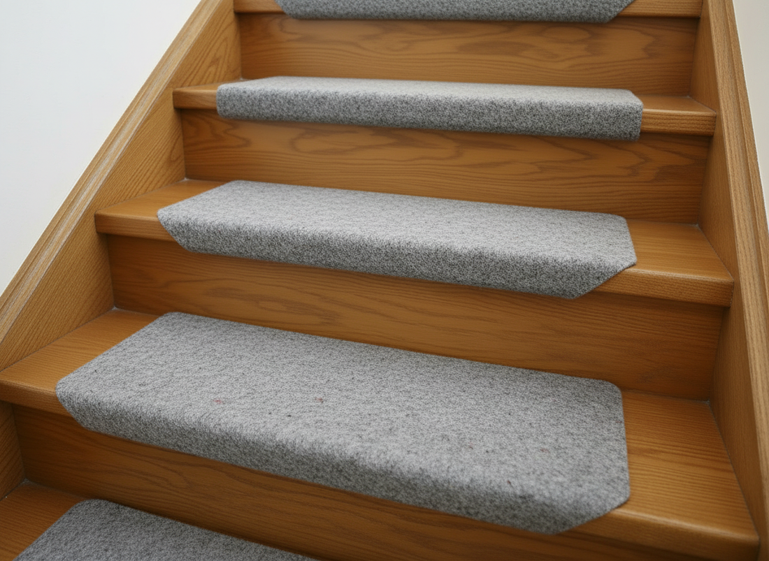 Carpet stair tread pads fitted on wooden steps - cushion and wear protection under a stair runner