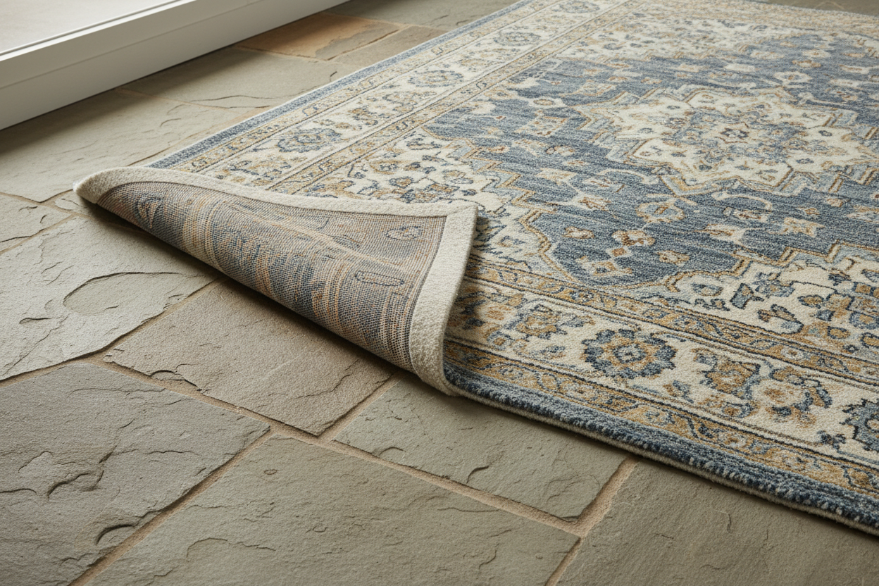rug and pad on top of a stone floor