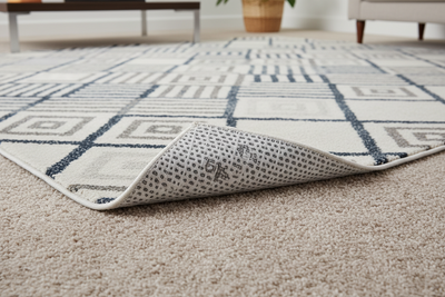 Rug corner flipped to reveal non-slop rug pad beneath, resting on beige carpet in a living room with a low table and potted plant blurred in the background.